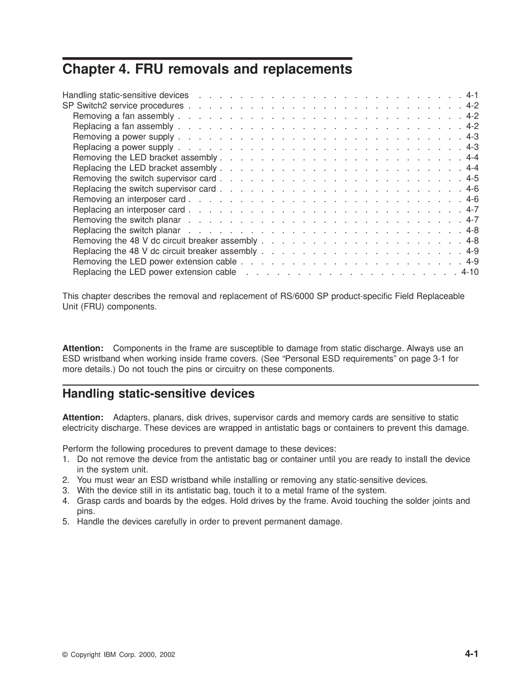 IBM RS/6000 SP manual FRU removals and replacements, Handling static-sensitive devices 