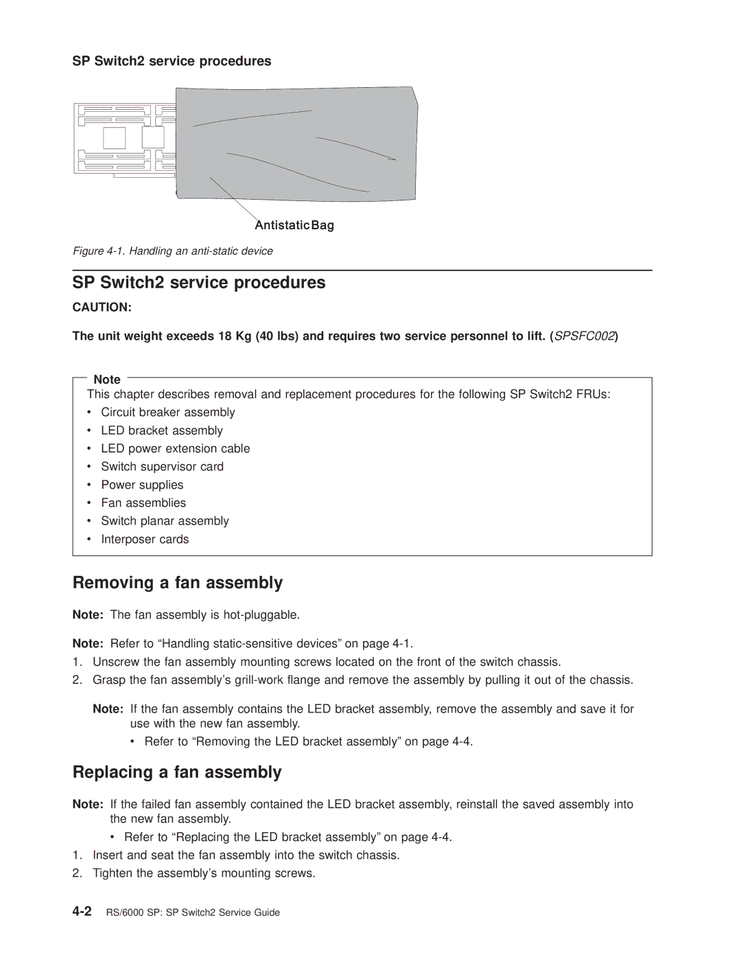 IBM RS/6000 SP manual SP Switch2 service procedures, Removing a fan assembly, Replacing a fan assembly 