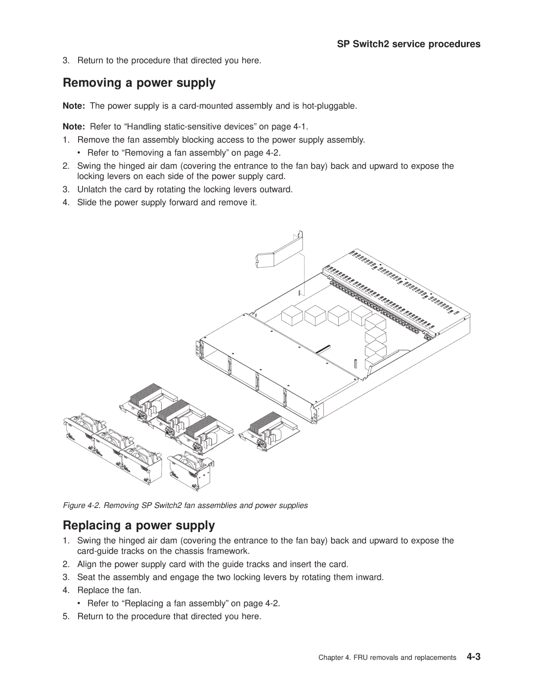 IBM RS/6000 SP manual Removing a power supply, Replacing a power supply 