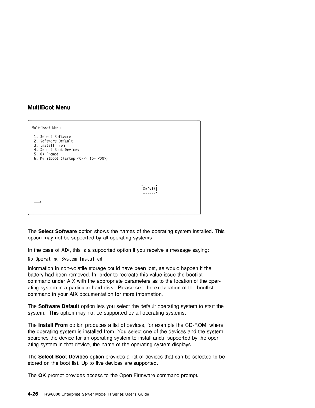 IBM RS/6000 manual MultiBoot Menu 