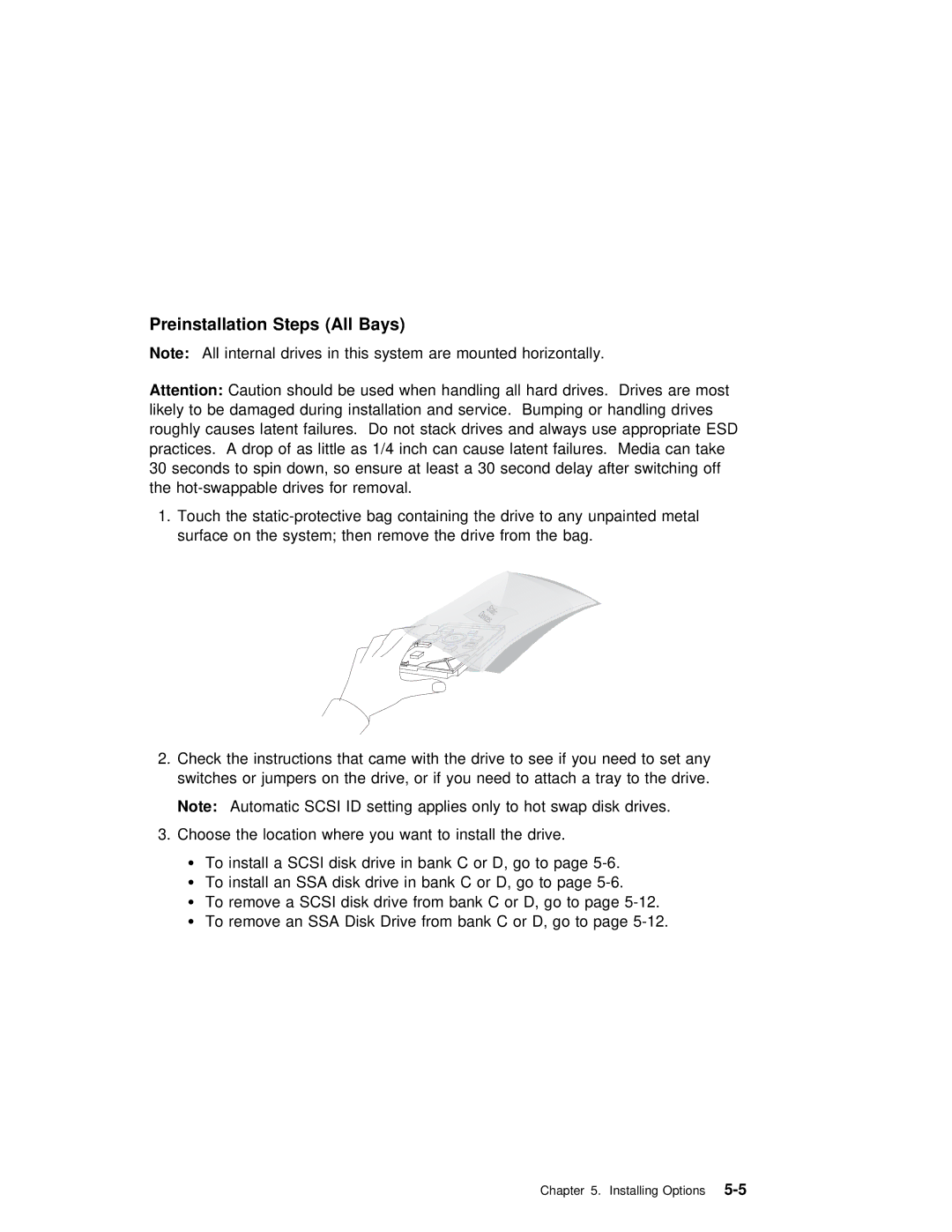 IBM RS/6000 Preinstallation Steps All Bays, Disk Drive Bank Install, Disk Drive Bank Remove, Disk Drive From bank Remove 