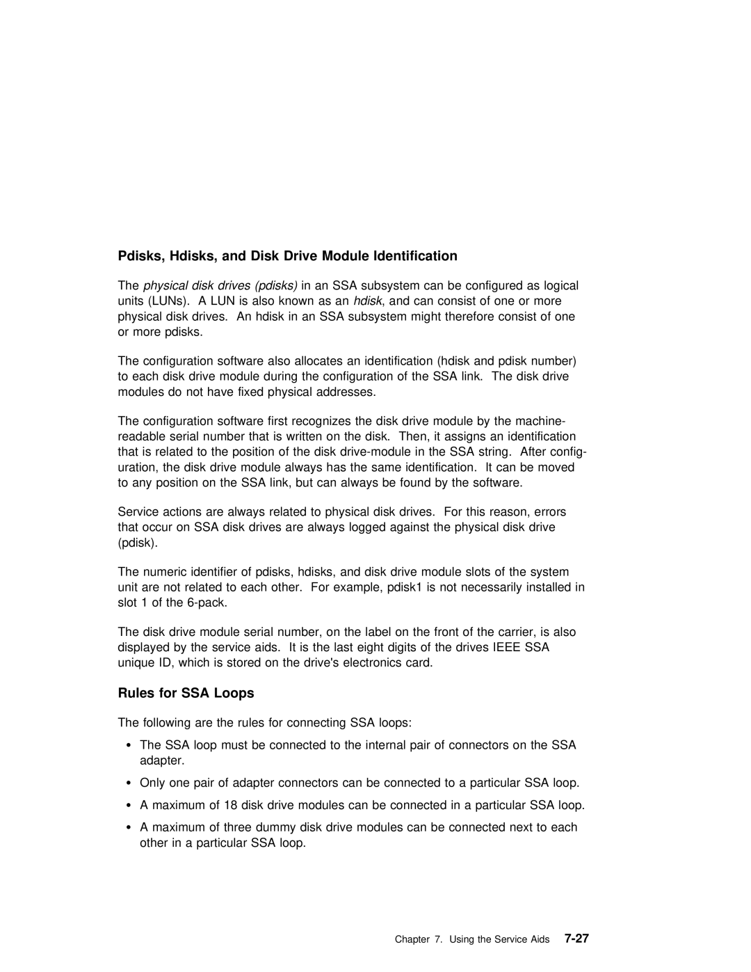 IBM RS/6000 manual Pdisks, Hdisks, Disk, Identification, Rules for SSA Loops 