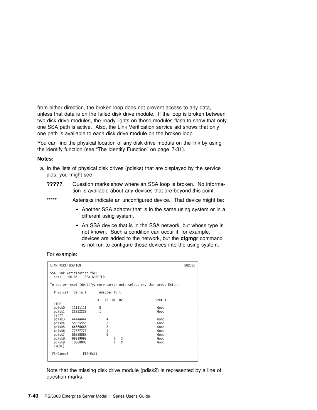 IBM RS/6000 manual One SSA path is active. Also, ?????, Question Marks Show Where 