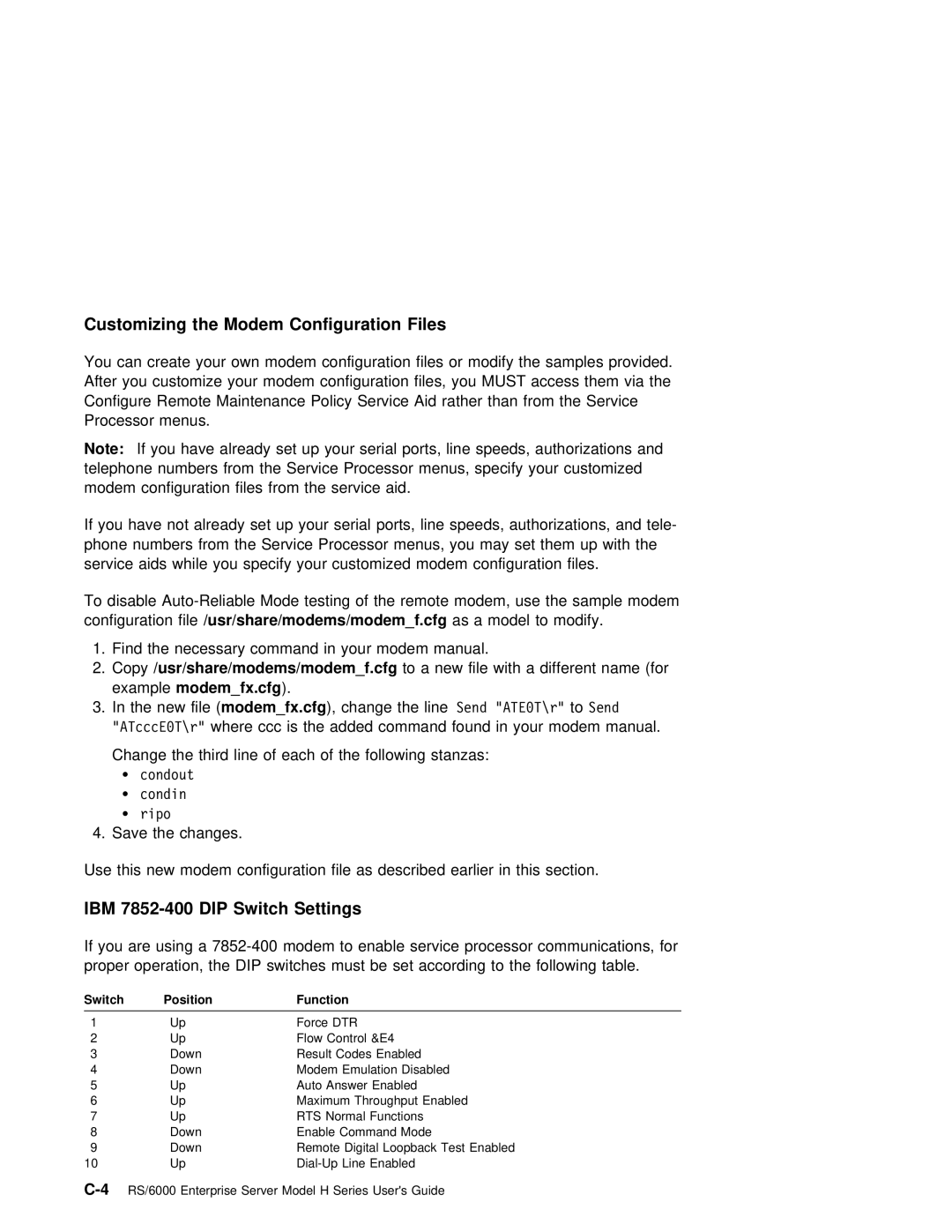 IBM RS/6000 manual Customizing the Modem Configuration Files, IBM 7852-400 DIP Switch Settings, Cfg 