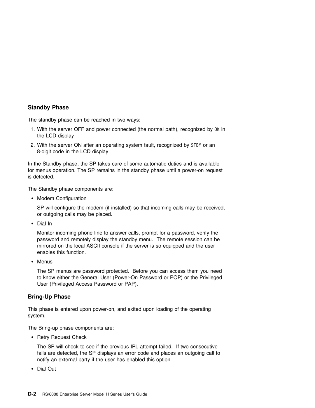 IBM RS/6000 manual Standby Phase, Bring-Up Phase, Lcd 