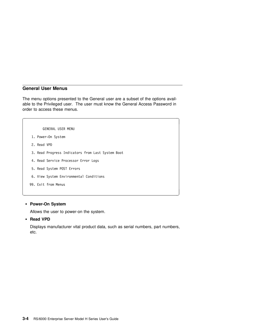 IBM RS/6000 manual Menus, User, Power-On System, Allows the user to power-on the system, Read VPD 