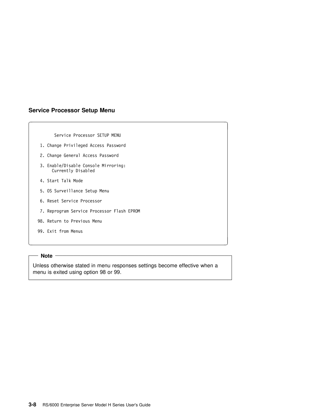 IBM RS/6000 manual Service Processor Setup Menu 