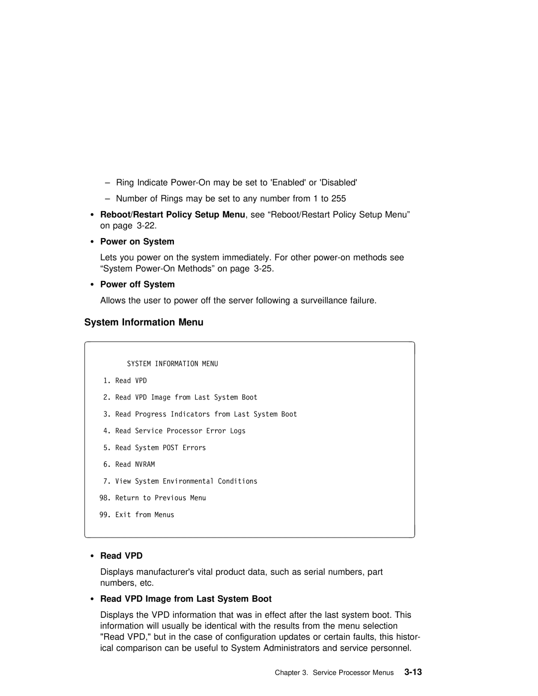 IBM RS/6000 manual System Information Menu, Power on System, Power off System, Read VPD Image from Last System Boot 