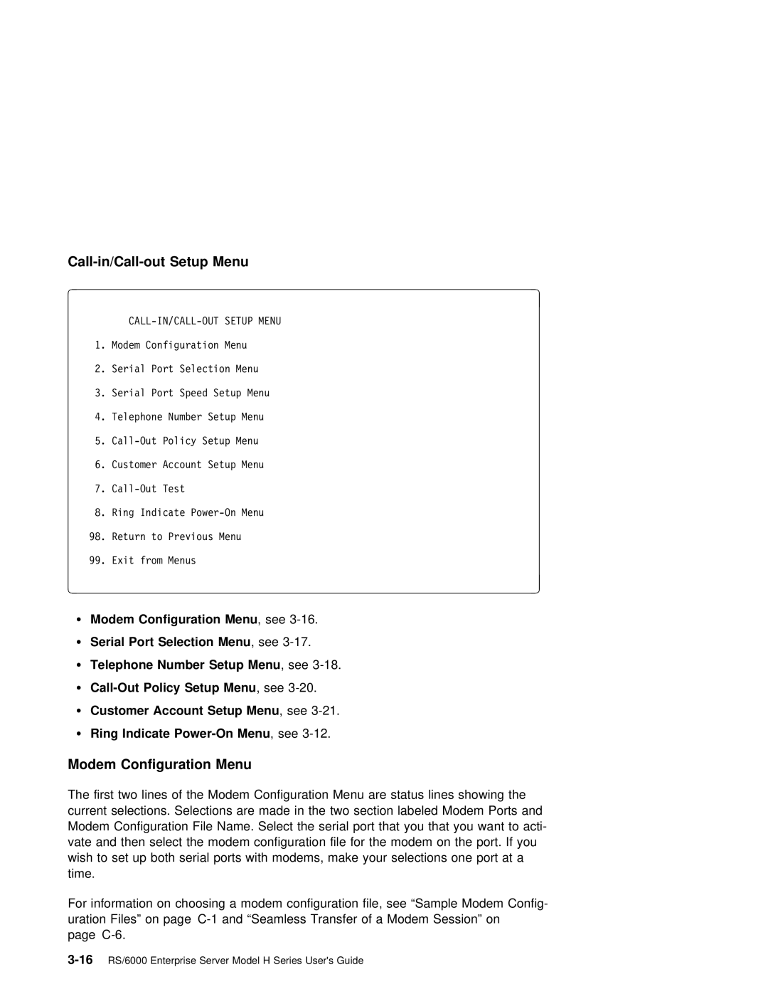 IBM RS/6000 manual Call-in/Call-out Setup Menu, First two lines, Serial, Ring Indicate Power-On Menu 