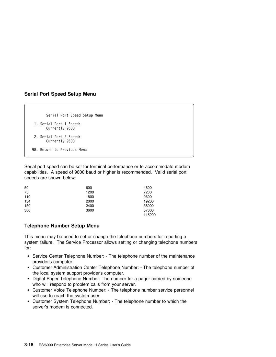 IBM RS/6000 manual Serial Port Speed Setup Menu, Telephone Number Setup Menu 