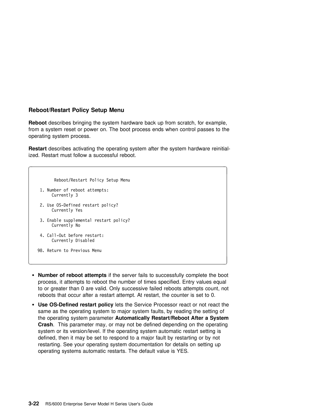 IBM RS/6000 manual Policy Setup Menu, Reboot, Restart policy, After a System, Crash 