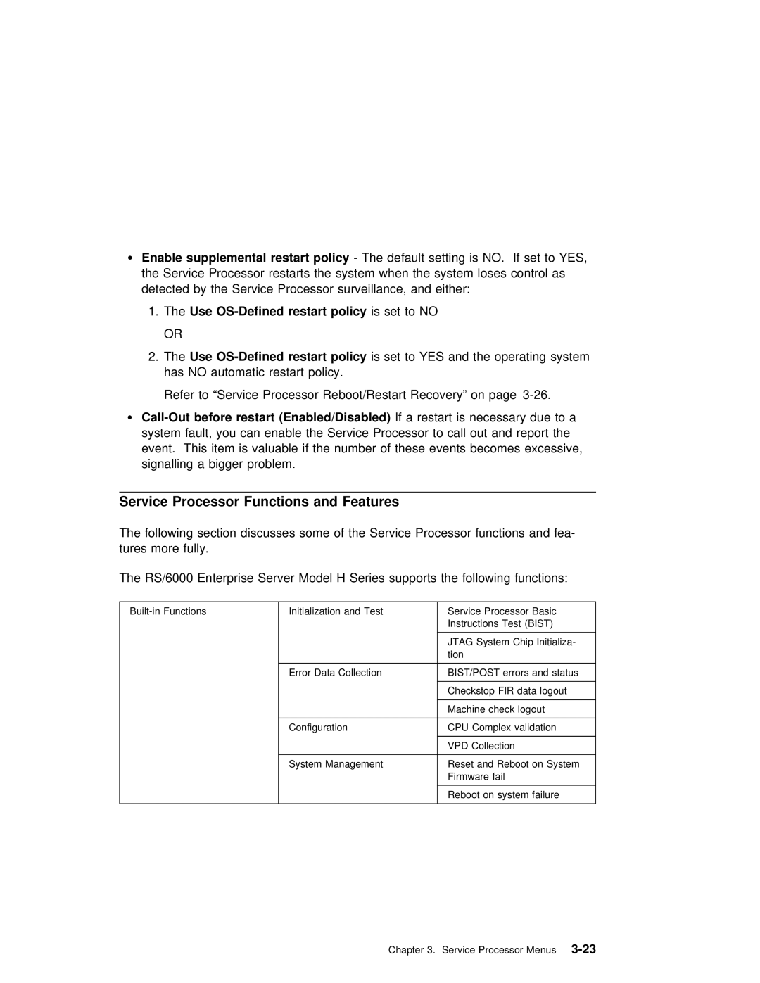 IBM RS/6000 manual Service Processor Functions and Features, Restart, Set Use, Yes, Enable 