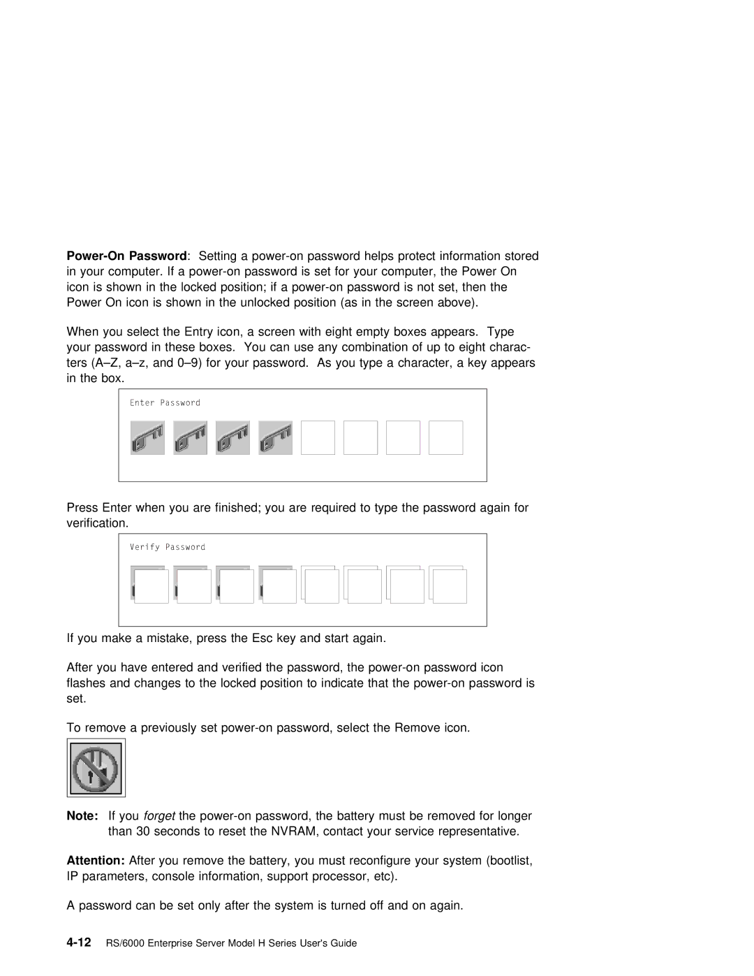 IBM RS/6000 manual Locked Position Power-on Password Not Set Icon 