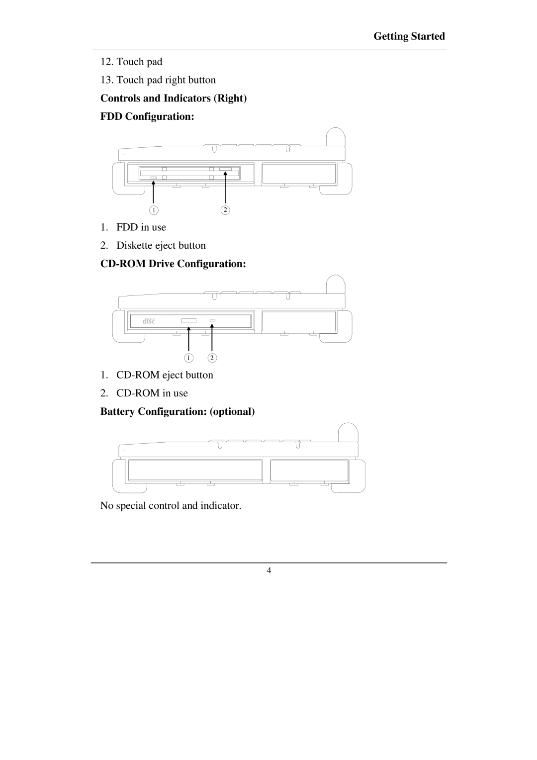 IBM RT-686 Controls and Indicators Right FDD Configuration, CD-ROM Drive Configuration, Battery Configuration optional 