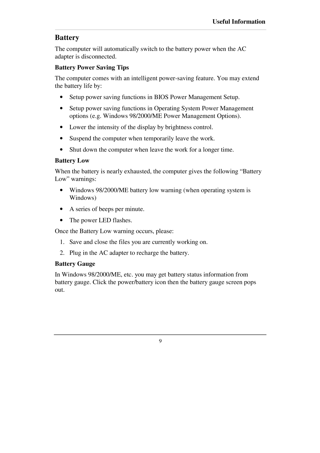 IBM RT-686EX manual Battery Power Saving Tips, Battery Low, Battery Gauge 