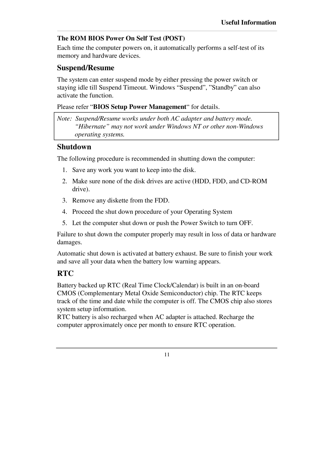 IBM RT-686EX manual Suspend/Resume, Shutdown, Useful Information ROM Bios Power On Self Test Post 