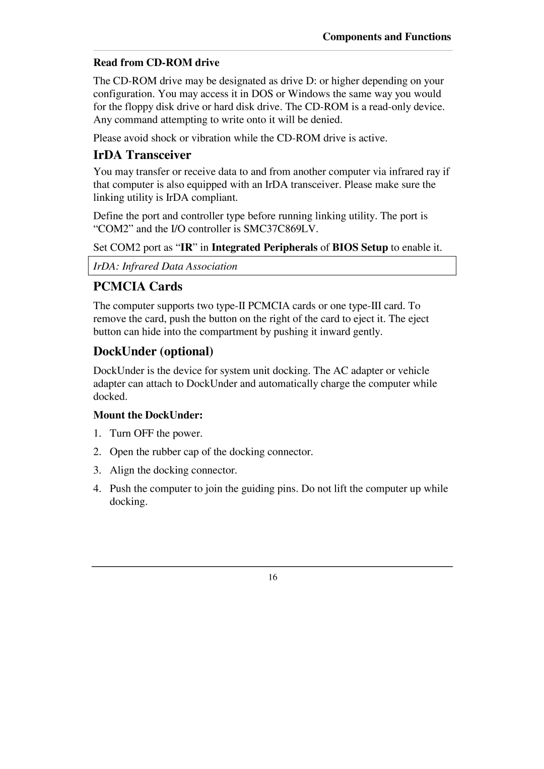 IBM RT-686EX manual IrDA Transceiver, Pcmcia Cards, DockUnder optional, Components and Functions Read from CD-ROM drive 