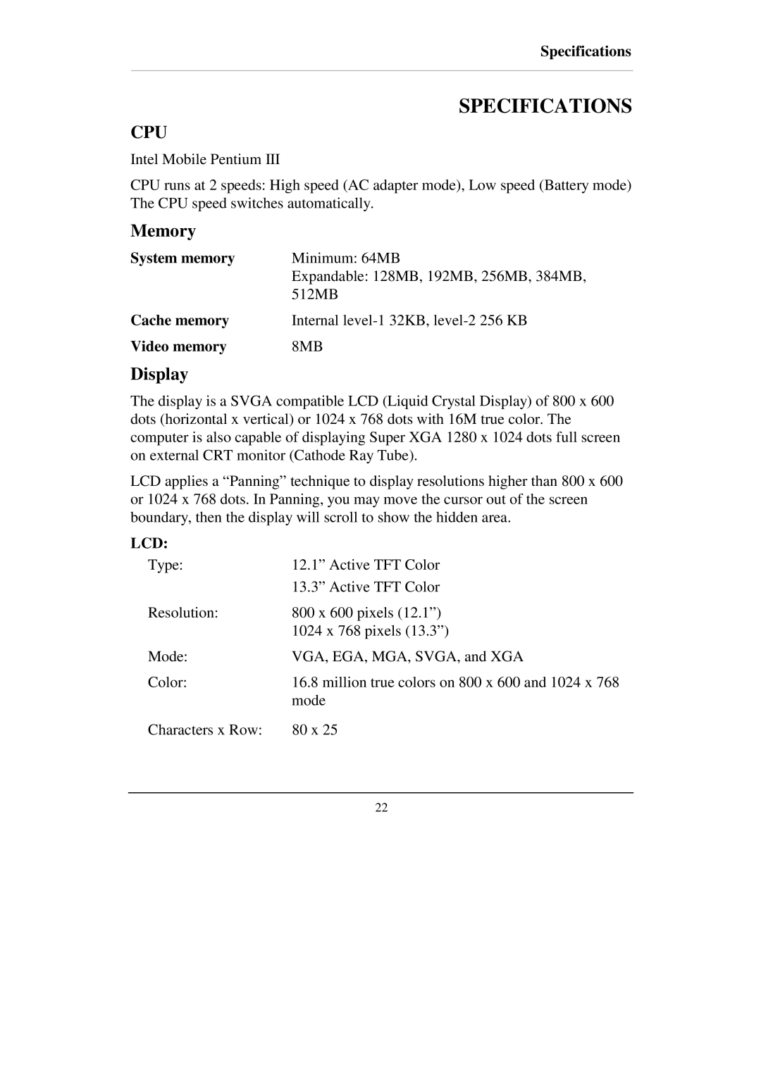 IBM RT-686EX manual Specifications, Memory, Display 