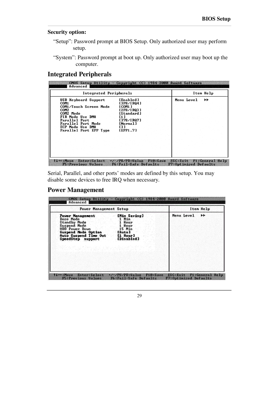 IBM RT-686EX manual Integrated Peripherals, Power Management, Bios Setup Security option 