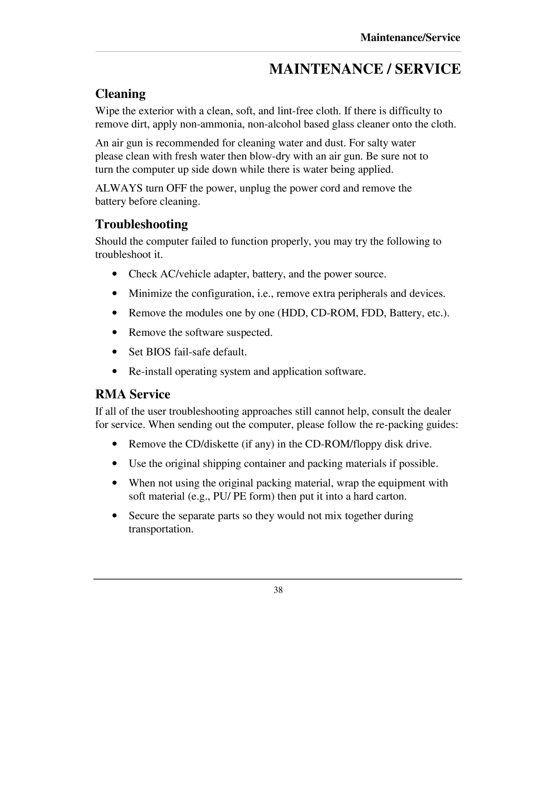 IBM RT-686EX manual Maintenance / Service, Cleaning, Troubleshooting, RMA Service, Maintenance/Service 