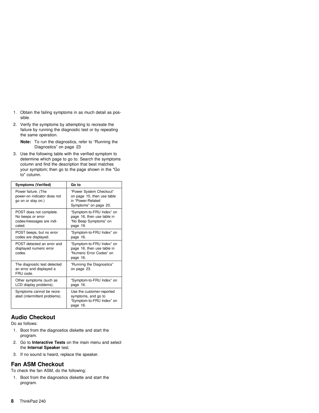 IBM S09N-8590-00 manual Audio Checkout, Fan ASM Checkout 