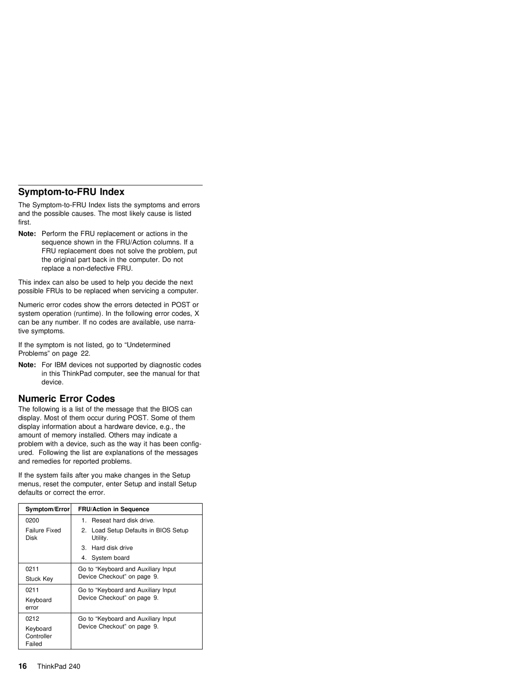 IBM S09N-8590-00 manual Symptom-to-FRU Index, Error Codes 