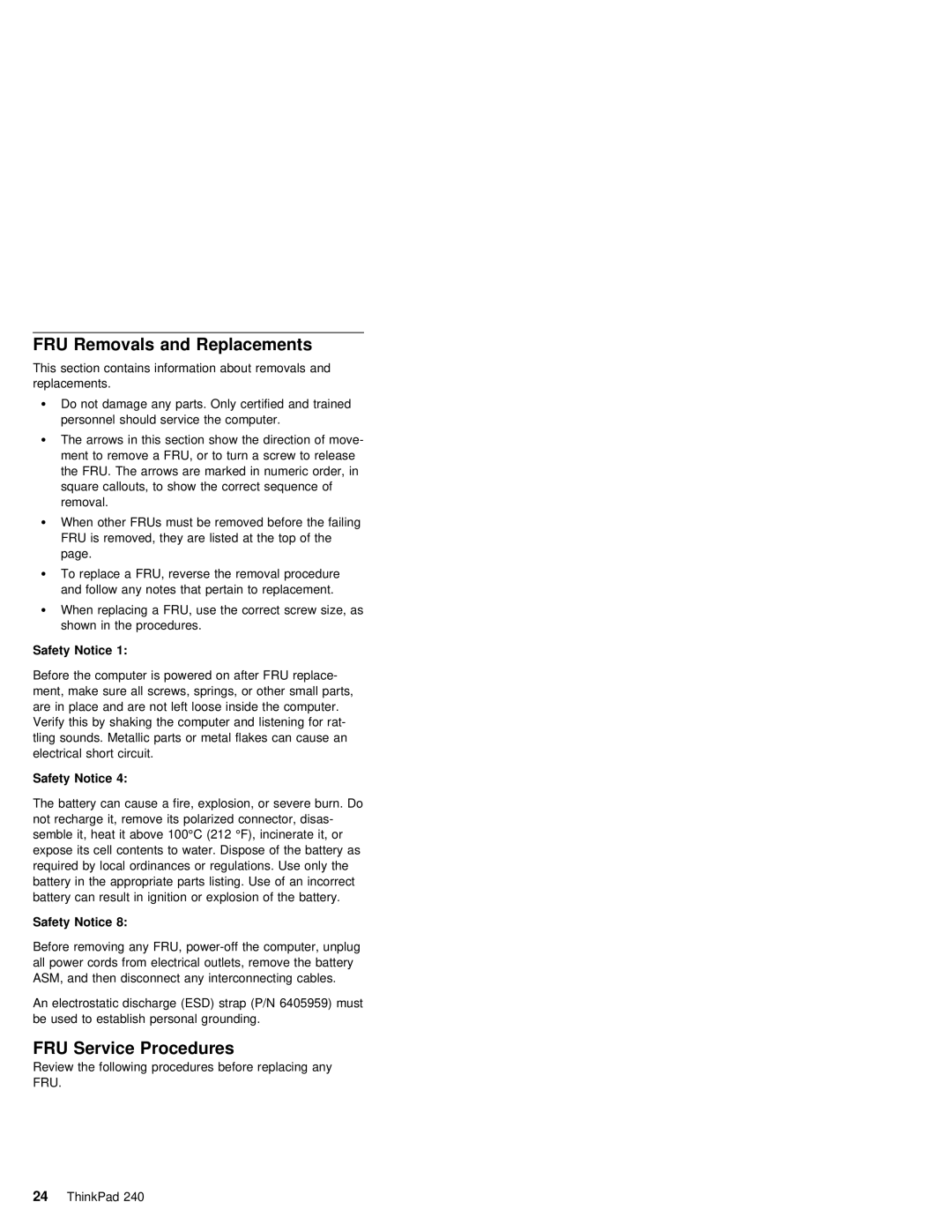 IBM S09N-8590-00 manual FRU Removals and Replacements, FRU Service Procedures 