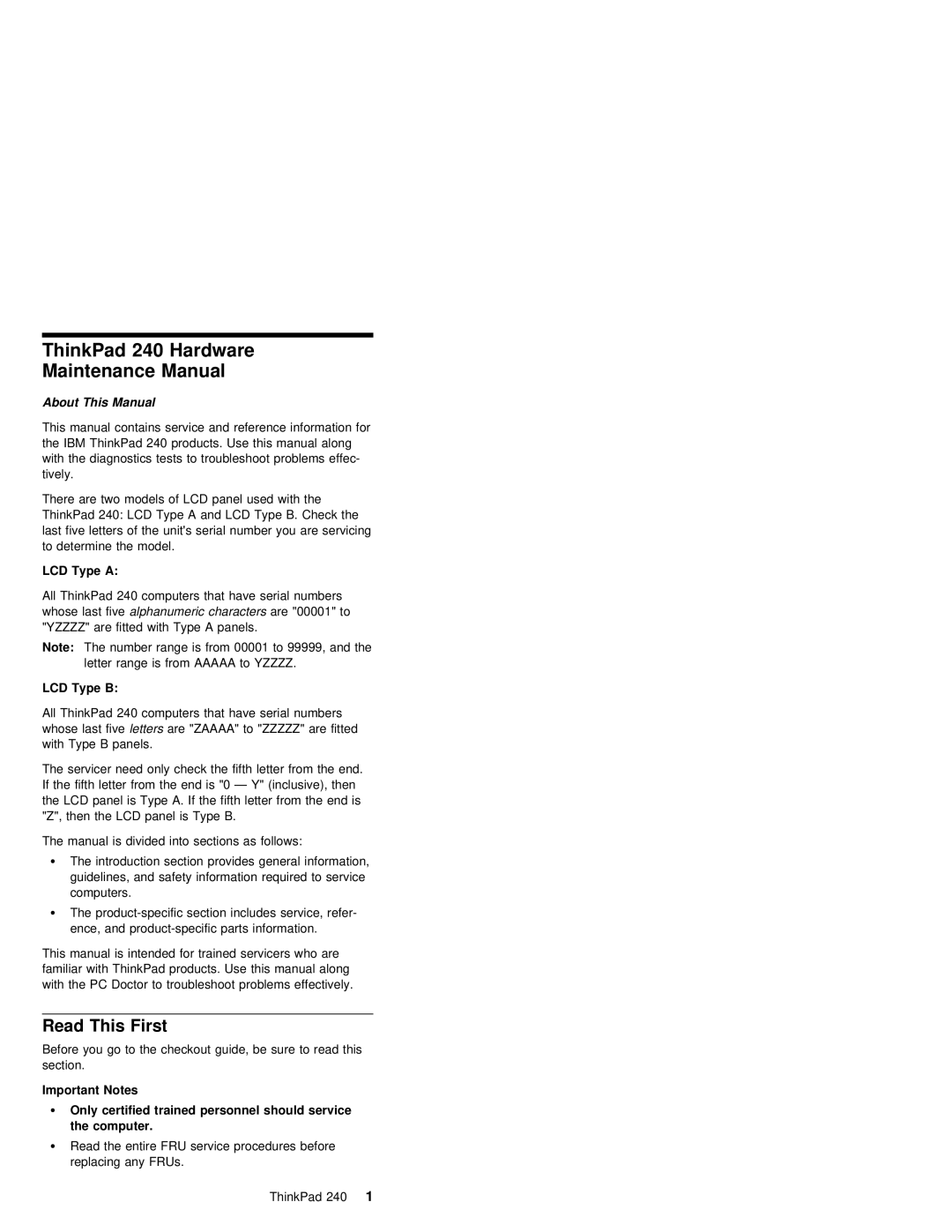 IBM S09N-8590-00 manual ThinkPad 240 Hardware Maintenance Manual, Read This First 