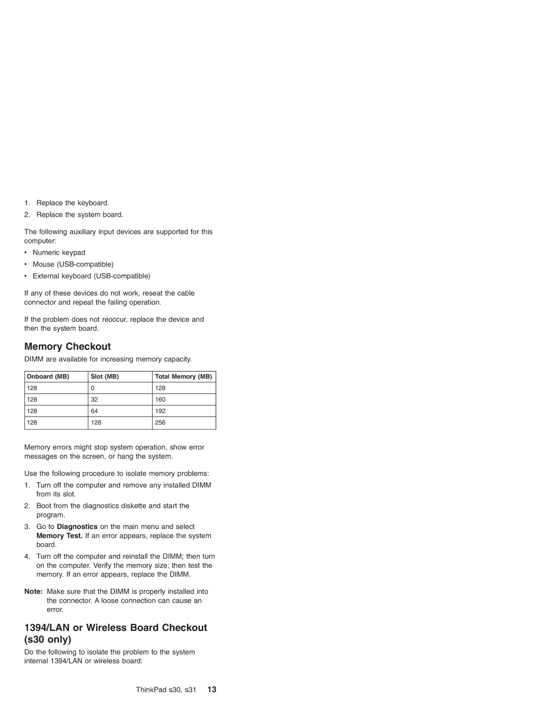 IBM S31, S30 manual Memory Checkout, 1394/LAN or Wireless Board Checkout s30 only, Onboard MB Slot MB Total Memory MB 