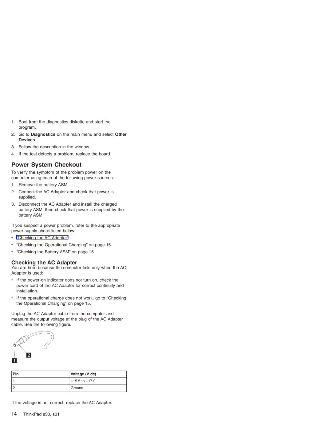 IBM S30, S31 manual Power System Checkout, Pin Voltage V dc 