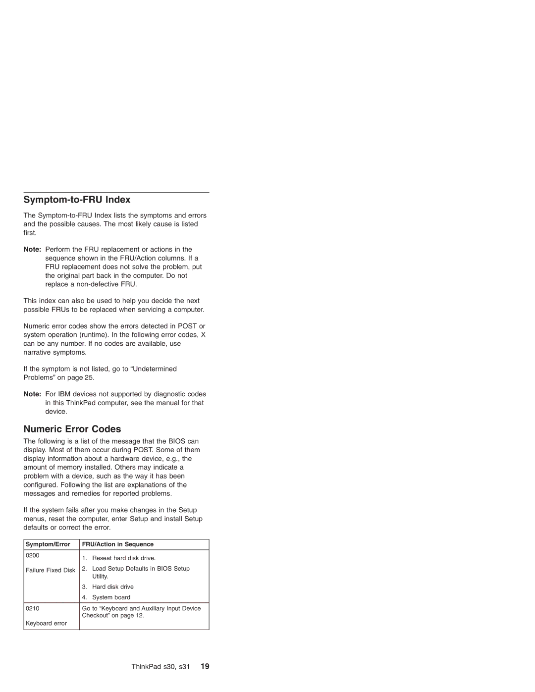 IBM S31, S30 manual Symptom-to-FRU Index, Numeric Error Codes, Symptom/Error FRU/Action in Sequence 