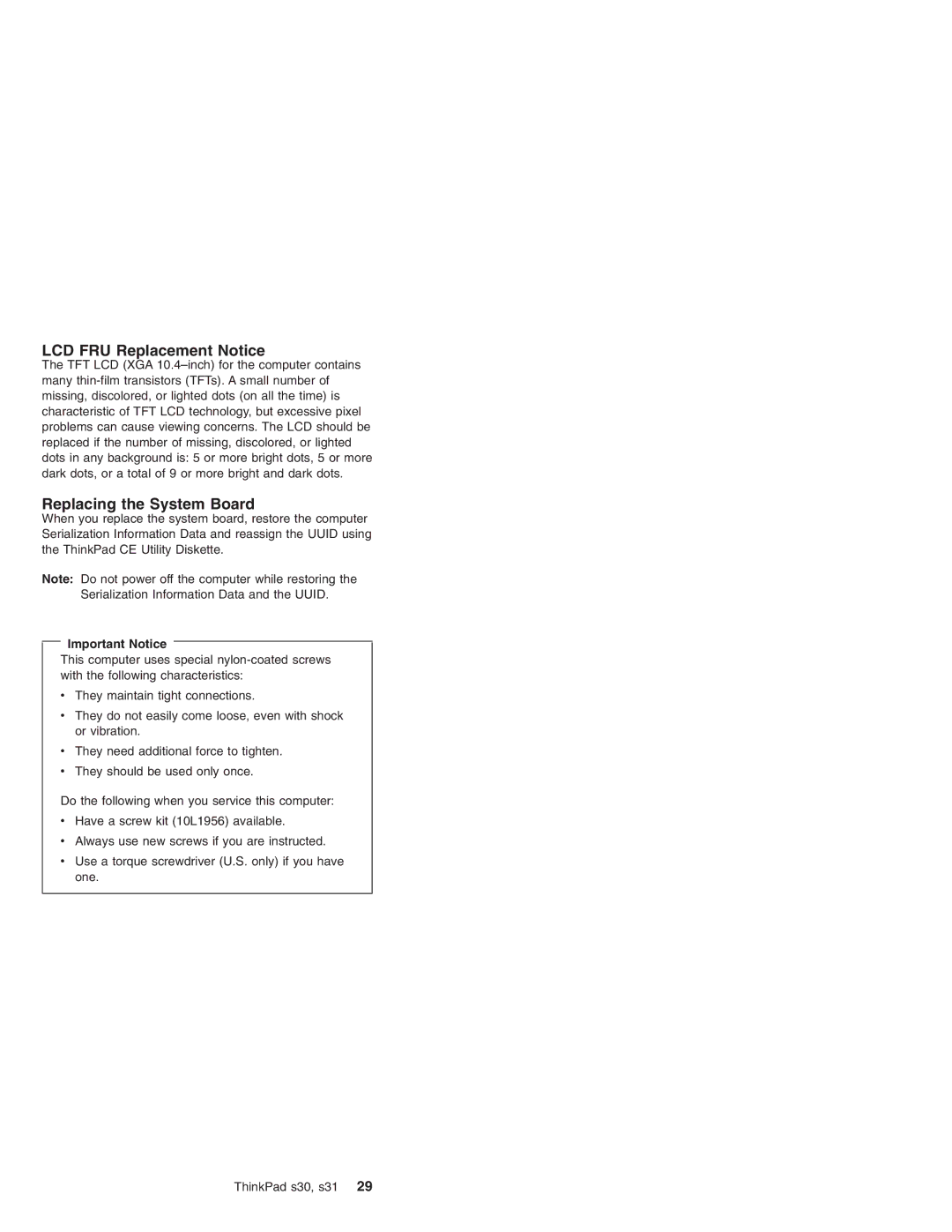 IBM S31, S30 manual LCD FRU Replacement Notice 