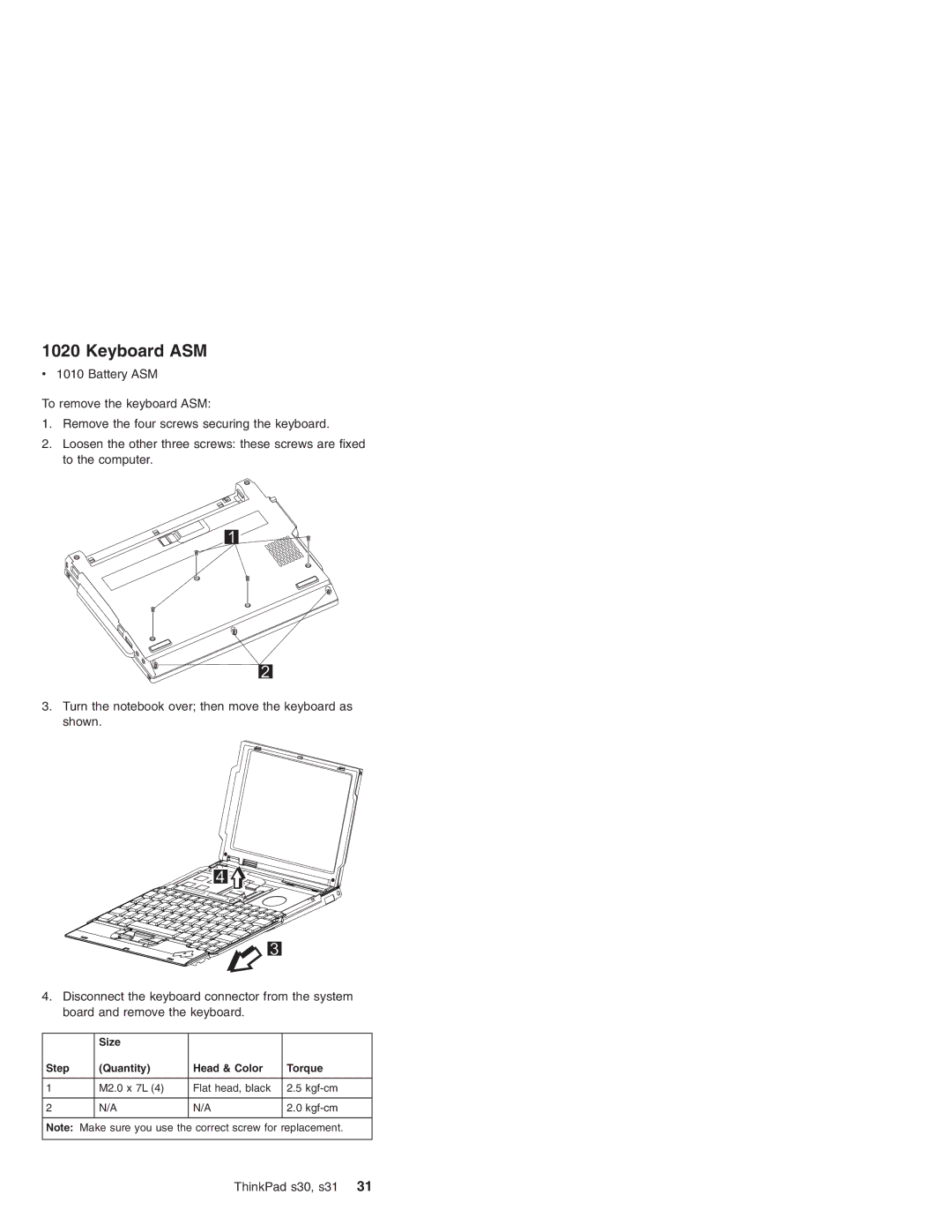 IBM S31, S30 manual Keyboard ASM, Size Step Quantity Head & Color Torque 