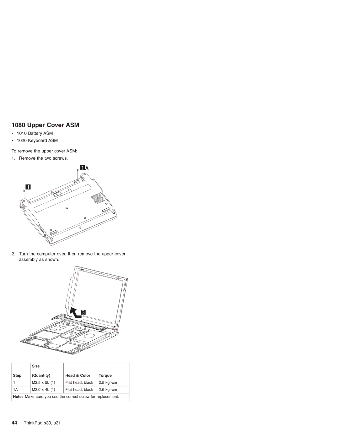 IBM S30, S31 manual Upper Cover ASM, Size Step Quantity Head & Color Torque 