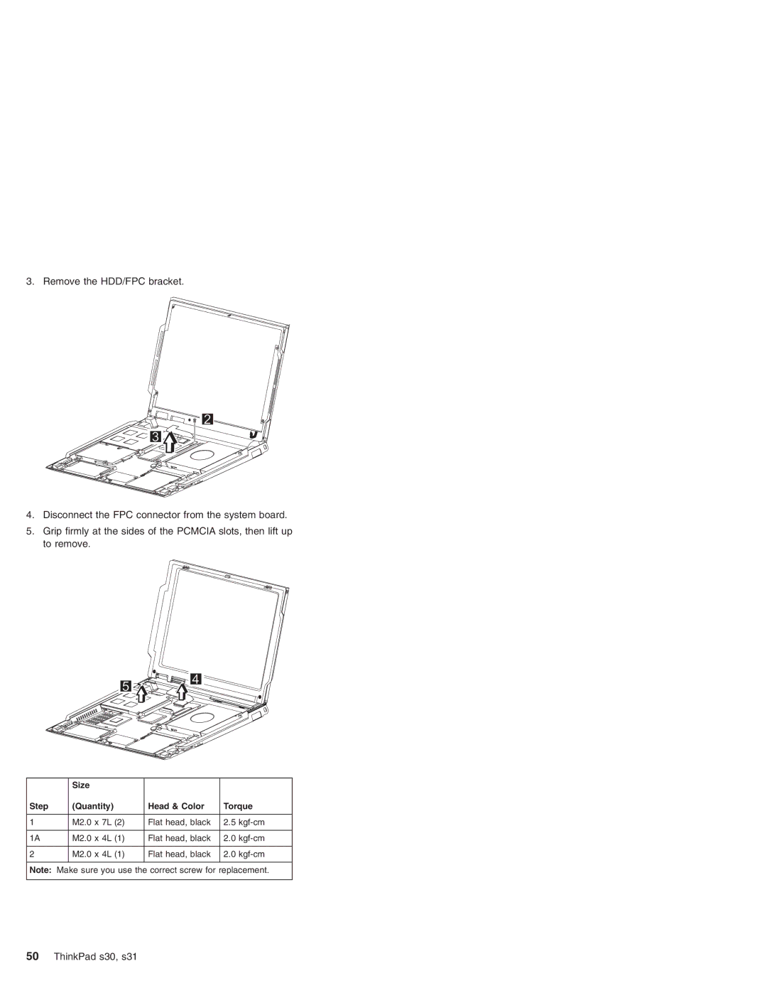 IBM S30, S31 manual M2.0 x 7L Flat head, black Kgf-cm M2.0 x 4L 