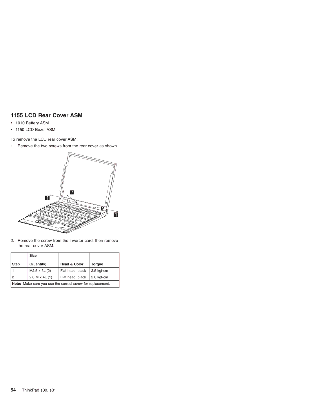 IBM S30, S31 manual LCD Rear Cover ASM, Size Step Quantity Head & Color Torque 