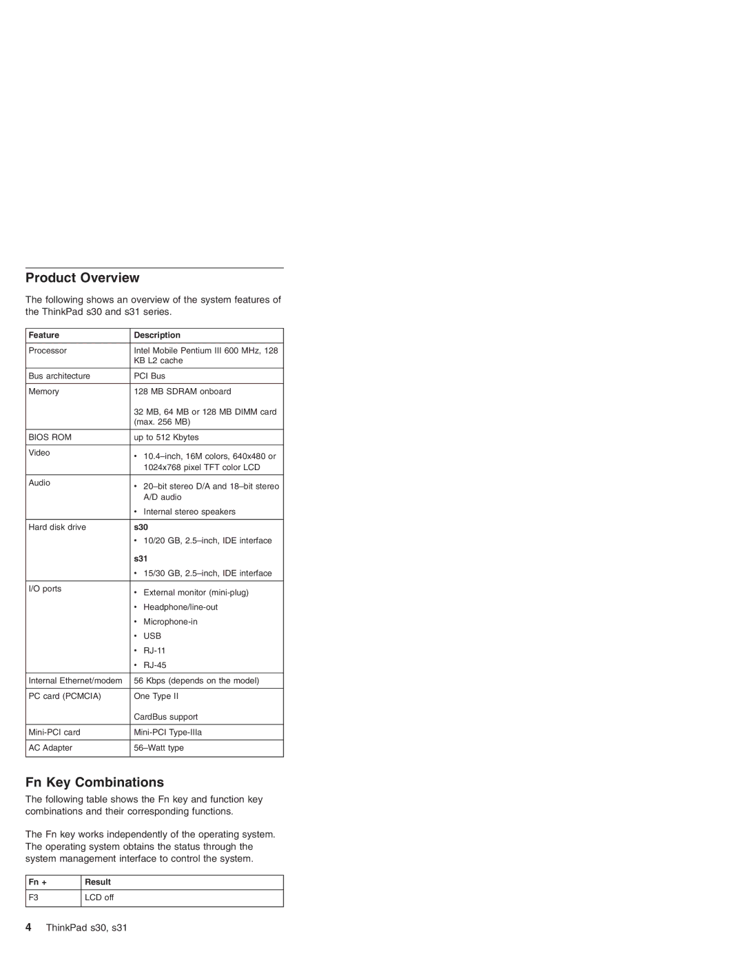 IBM S30, S31 manual Product Overview, Fn Key Combinations 