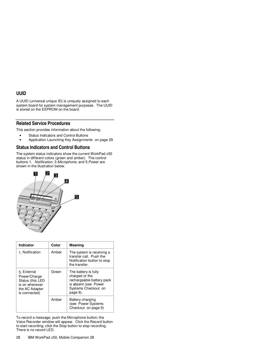 IBM s37l-2095-00 manual Related Service Procedures, Status Indicators and Control Buttons, Color, Meaning 