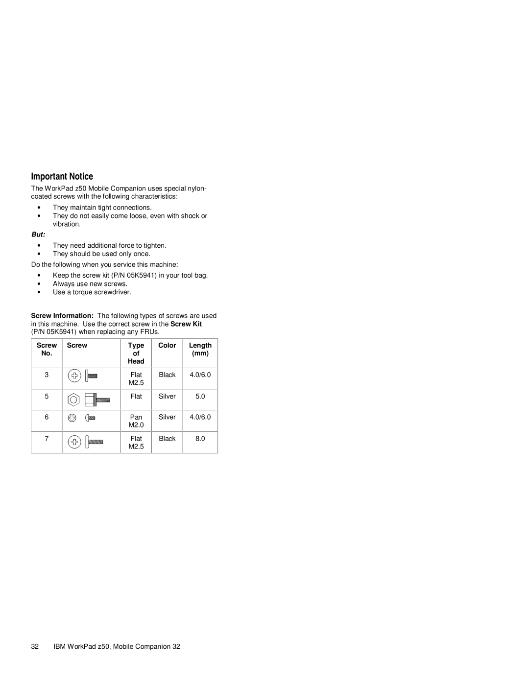 IBM s37l-2095-00 manual Important Notice, Screw Screw Type Head, Length 