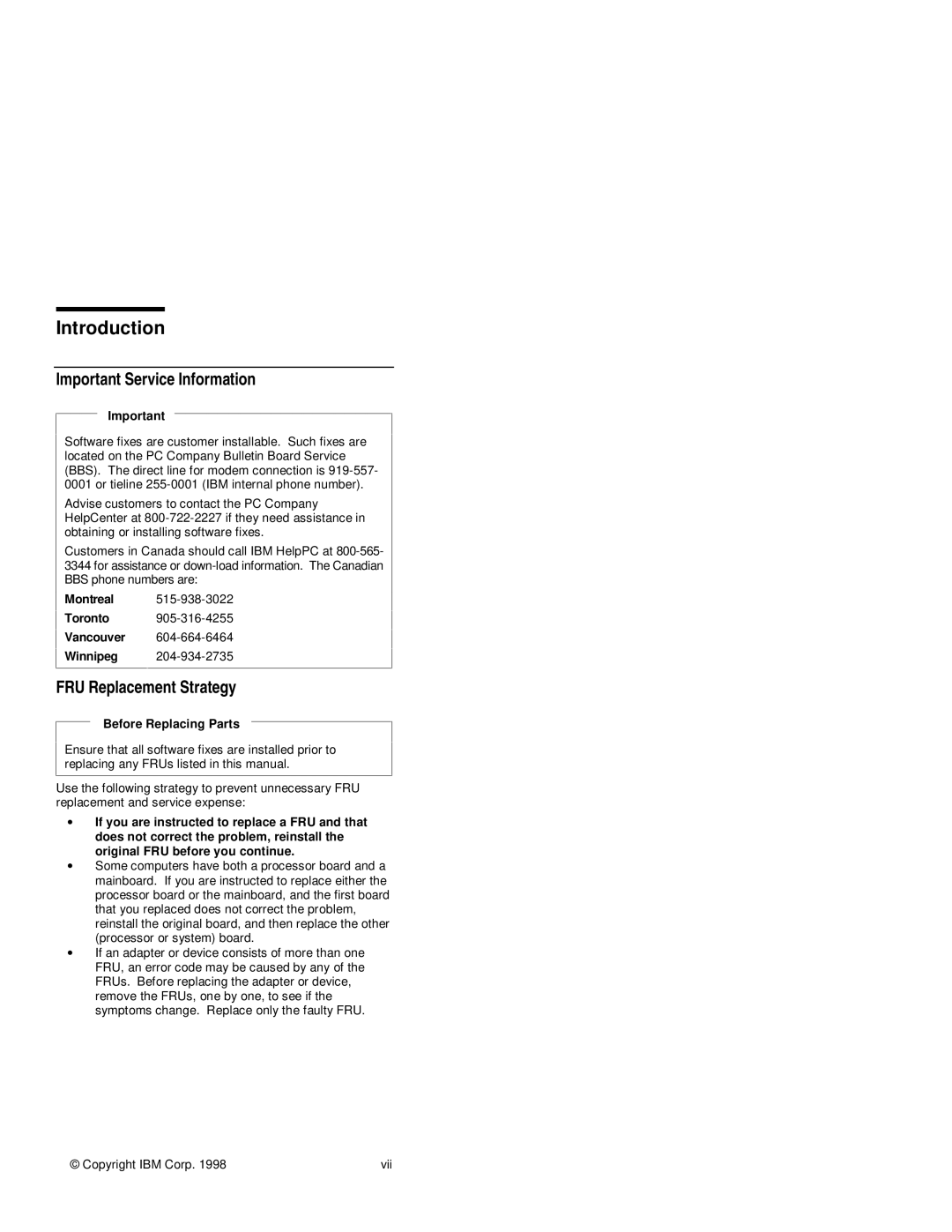 IBM s37l-2095-00 manual Important Service Information, FRU Replacement Strategy, Before Replacing Parts 