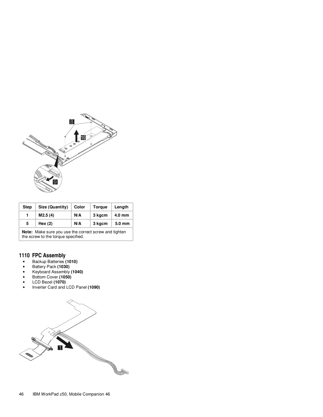 IBM s37l-2095-00 manual FPC Assembly, Step Size Quantity Color M2.5 Hex Torque Kgcm Length 