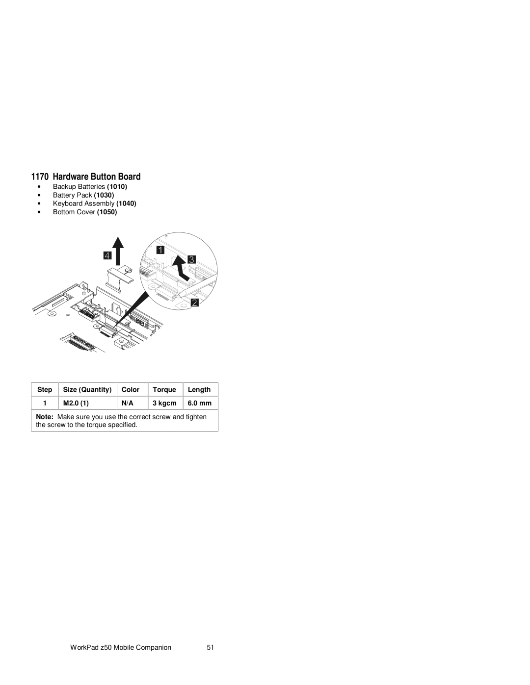 IBM s37l-2095-00 manual Hardware Button Board, Step Size Quantity M2.0 Color Torque Kgcm Length 