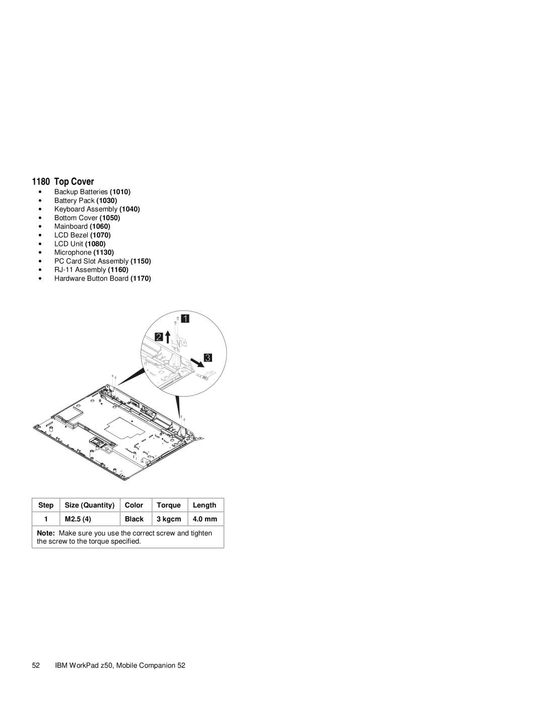 IBM s37l-2095-00 manual Top Cover, Step Size Quantity M2.5 Color Black Torque Kgcm Length 