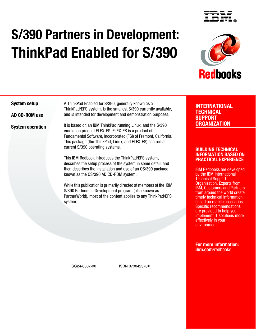 IBM s/390 manual ThinkPad Enabled for S/390, System setup AD CD-ROM use System operation 