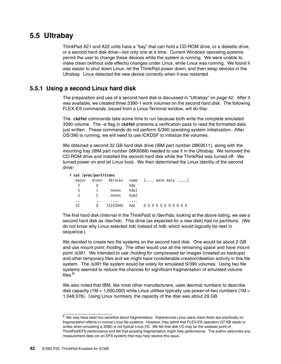 IBM s/390 manual Ultrabay, Using a second Linux hard disk, # cat /proc/partitions 