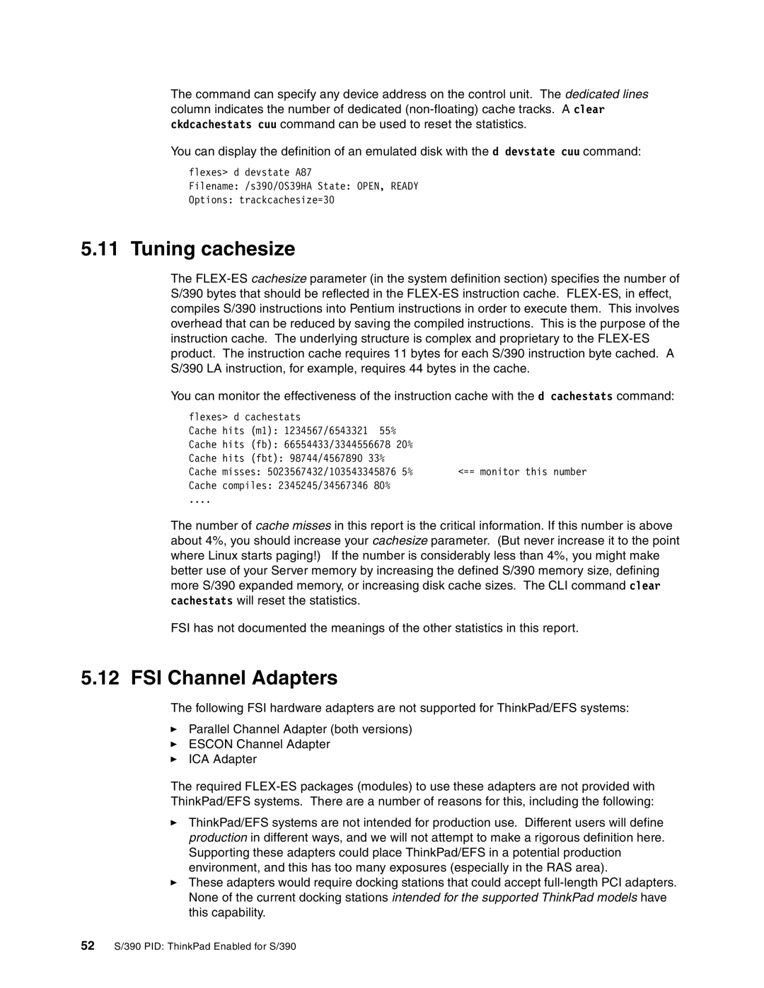 IBM s/390 manual Tuning cachesize, FSI Channel Adapters 