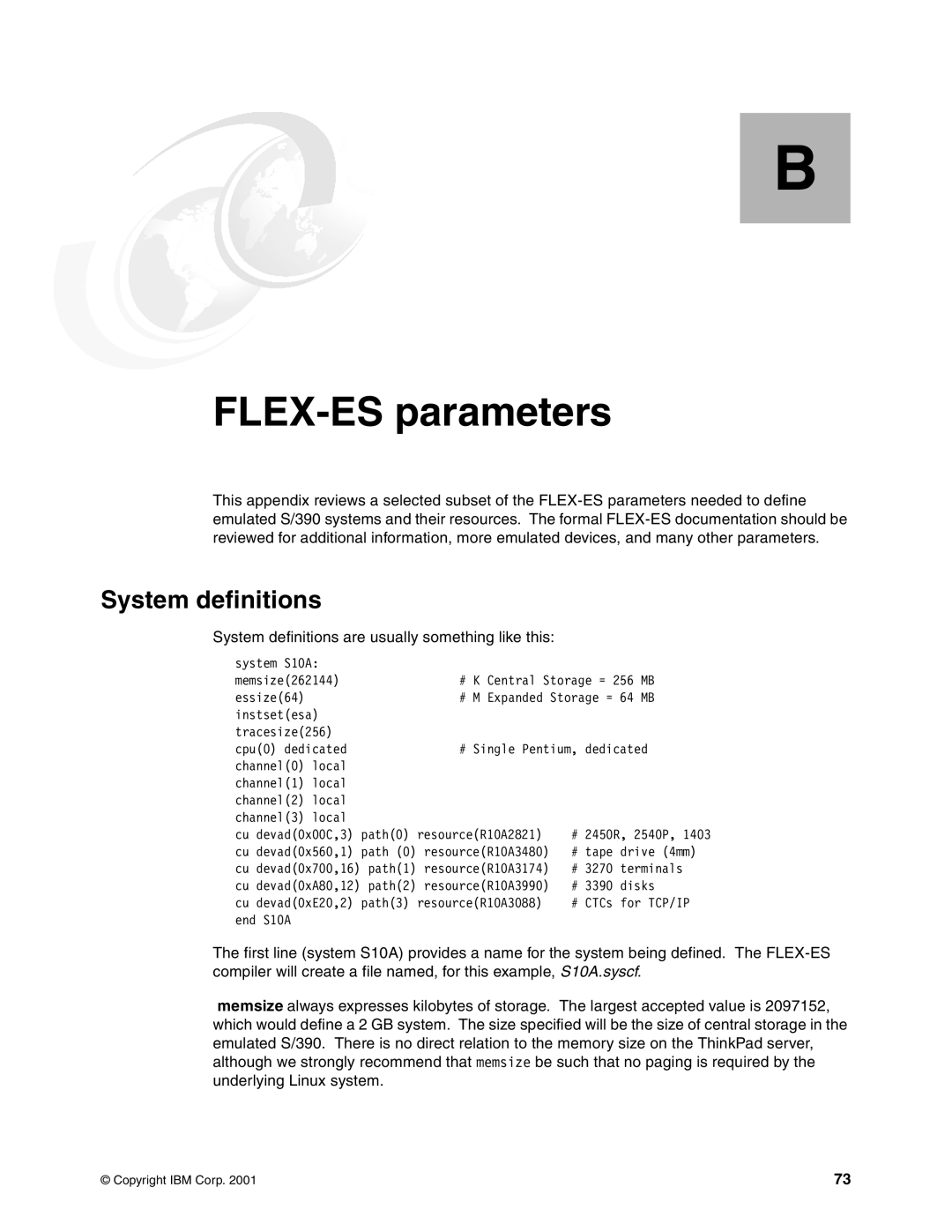 IBM s/390 manual Appendix B. FLEX-ES parameters, System definitions 