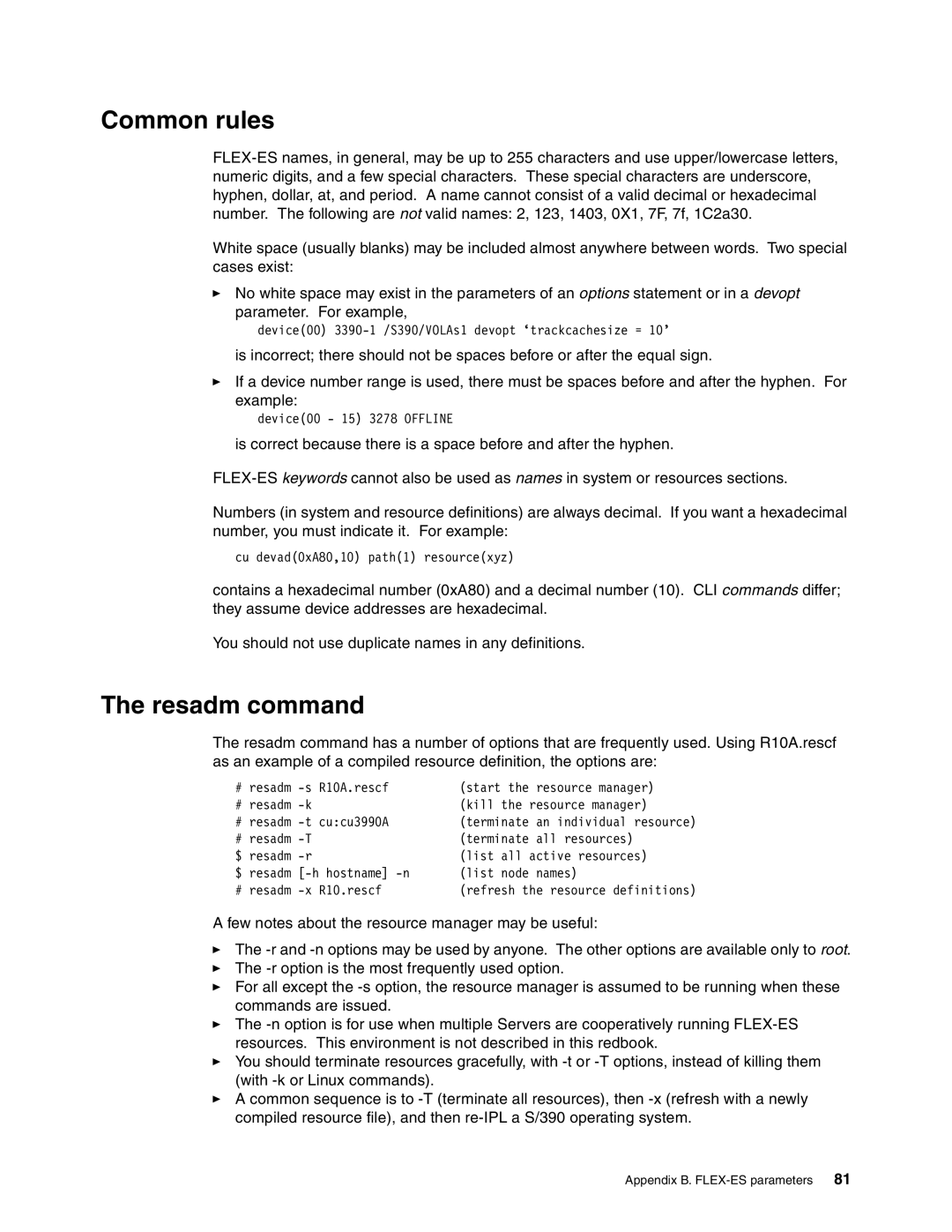 IBM s/390 manual Common rules, Resadm command 