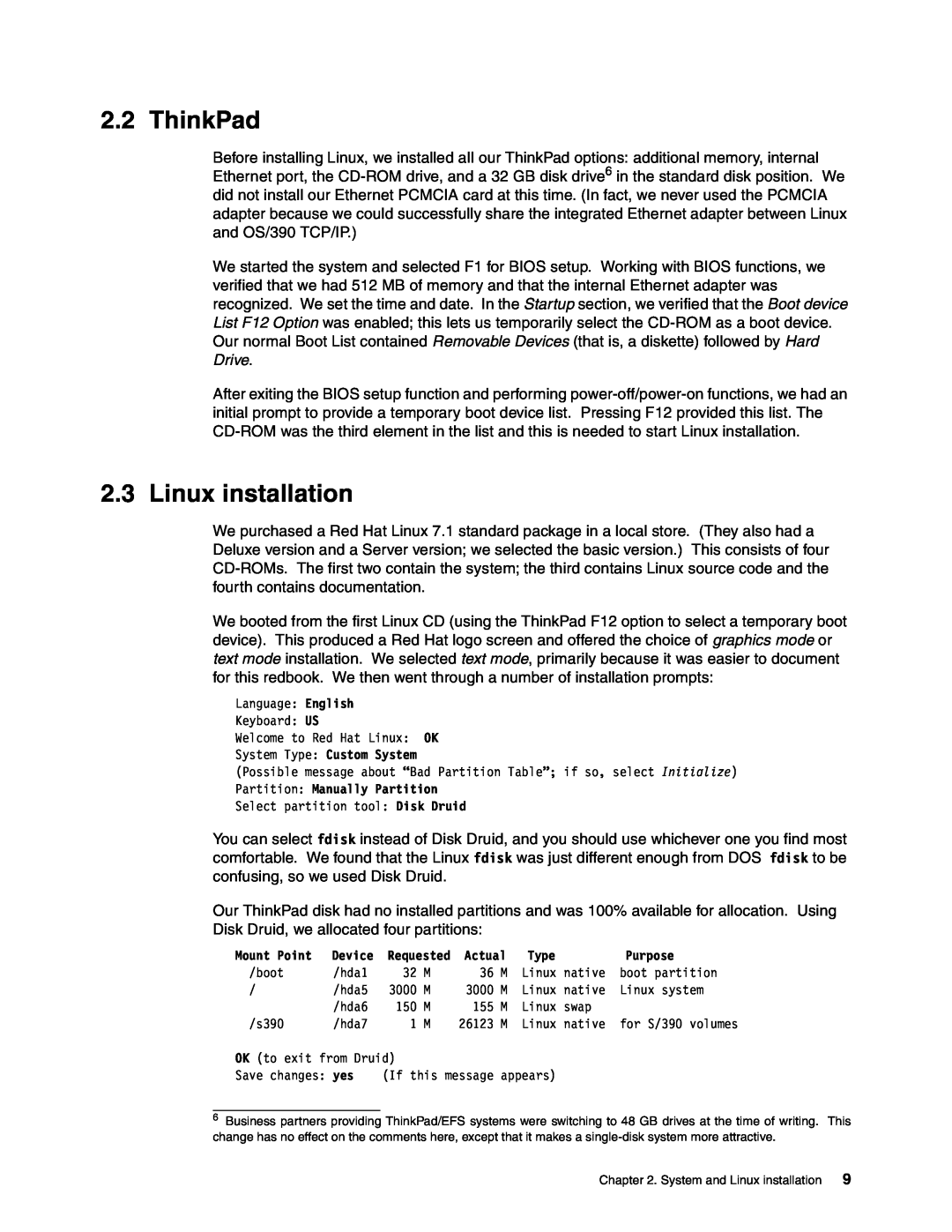IBM s/390 manual ThinkPad, Linux installation, Partition Manually Partition, Mount Point, Device, Requested, Actual, Type 