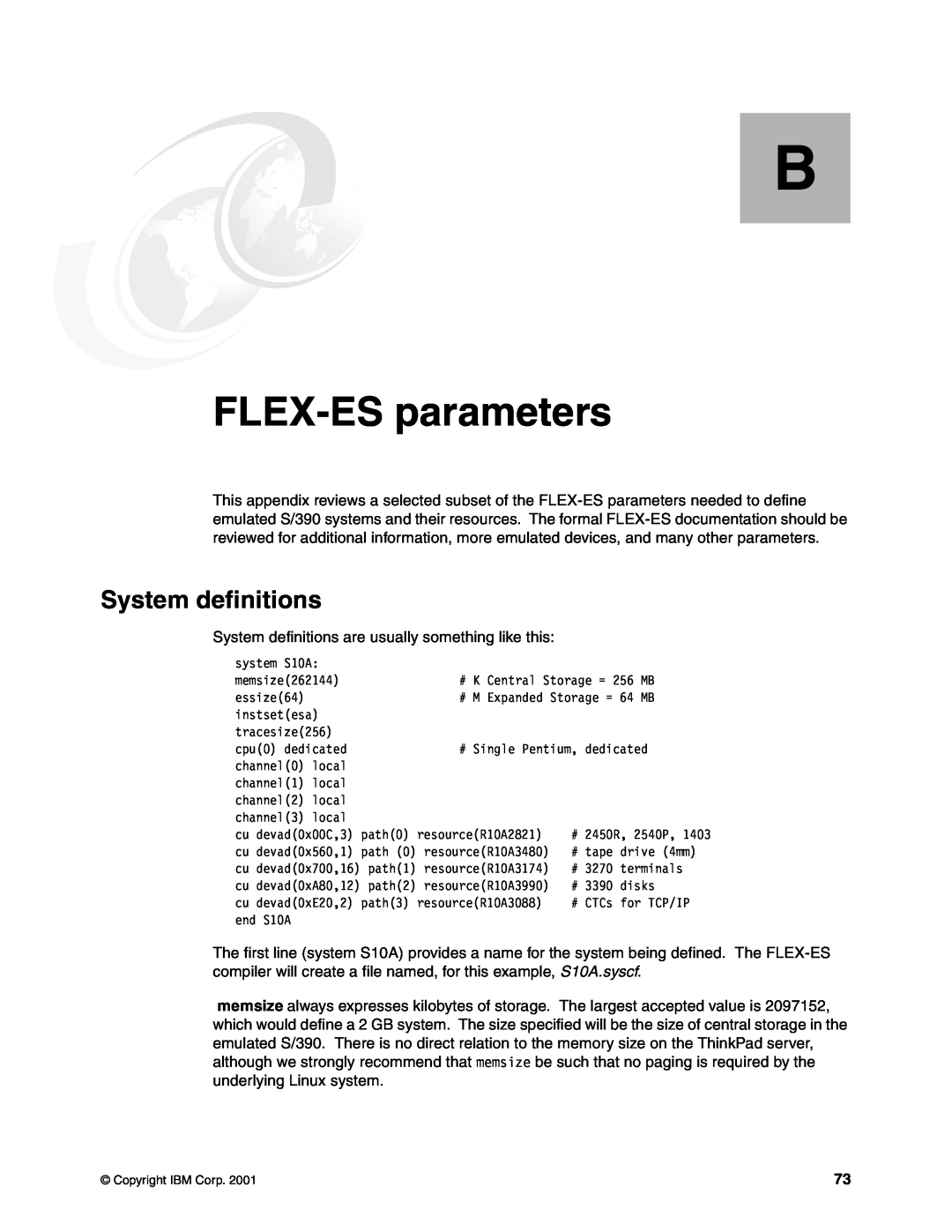 IBM s/390 manual Appendix B. FLEX-ES parameters, System definitions 